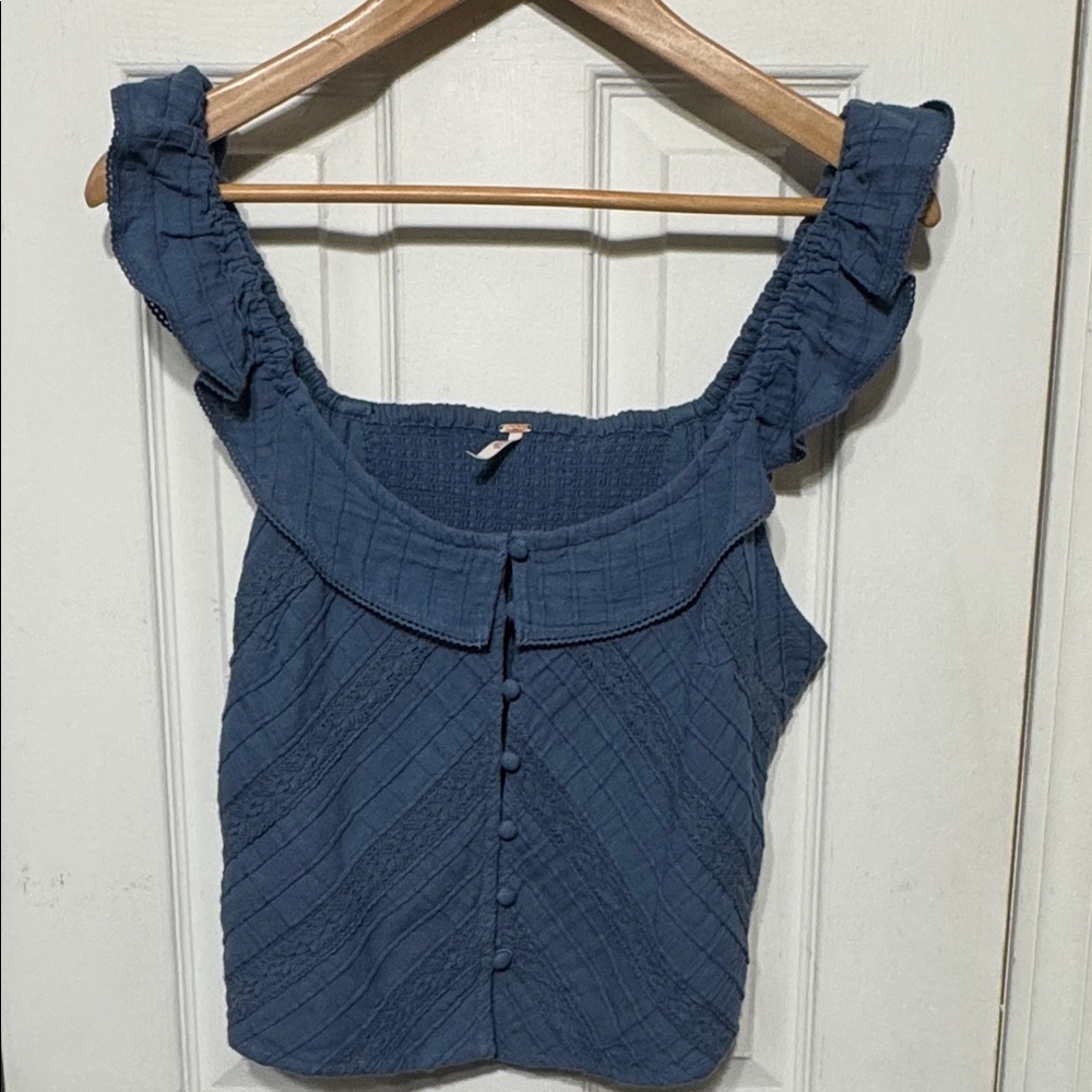 Free People Blue Textured Ruffle Lace Smocked Blouse